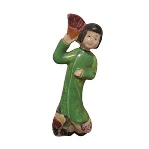 Vintage Ceramic Figurine Young Girl Holding Fan Green Made in Occupied Japan
